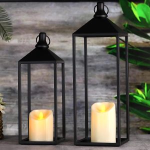 Modern Farmhouse Lanterns Decorative Indoor & Outdoor, 17" 13" Set of 2 Black Vintage Lantern with Flameless Candles, Metal Lantern Decor for Room, Porch, Mantle, Christmas Home Decor