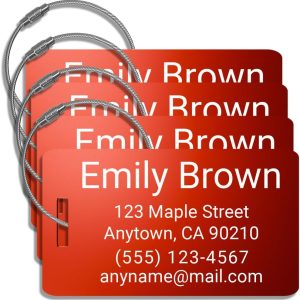 Personalized Luggage Tags for Suitcases 4 Pack – Custom Metal Name Tag for Travel, Golf Bag, and Baggage – Durable Aluminum Luggage Name Tags (Red, Horizontal)